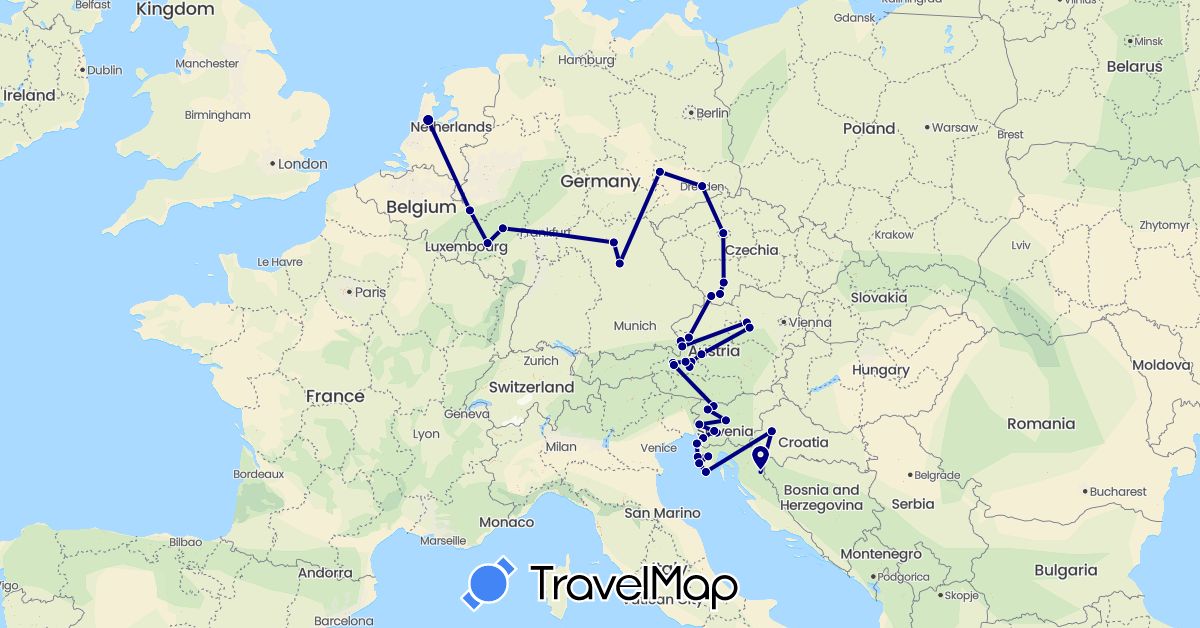TravelMap itinerary: driving in Austria, Czech Republic, Germany, Croatia, Italy, Netherlands, Slovenia (Europe)